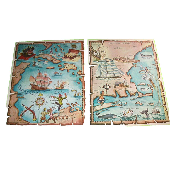 Pirate Ship Art Prints Treasure Chest Map Sea Monster Ocean Whales Set Of 2 - Picture 1 of 4